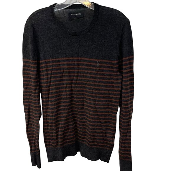 Allsaints Mens Keel Merino Wool Crew Sweater Stripes Size Small Gray Brown - Picture 1 of 9